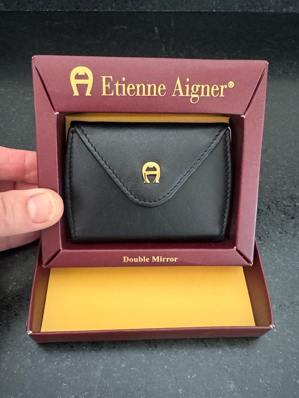 Vintage NWB Etienne Aigner Black Leather Comoact Double Mirror Case
